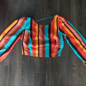 Colourful Striped cropped Forever 21 long-sleeve blouse with open tie back